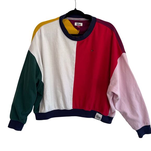 Tommy Hilfiger Denim Colorblock Sweatshirt XS Oversized Fit Retro Pullover - Picture 2 of 9